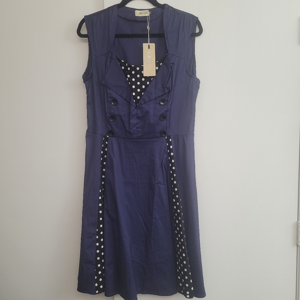 Killreal Navy and Black Polka Dot 50s Style Swing Dress NWT